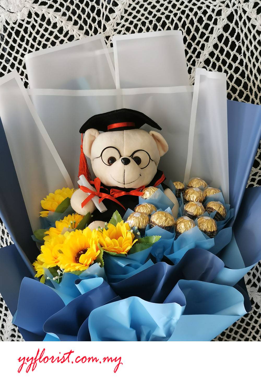 Graduation Artificial Sunflower & Chocolate Bouquet PJ florist